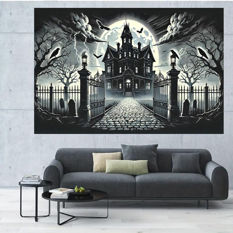 1pc, Haunted Manor Halloween Party Backdrop Fabric, Birthday Banner and Flag Supplies, Cake Table Party Decoration