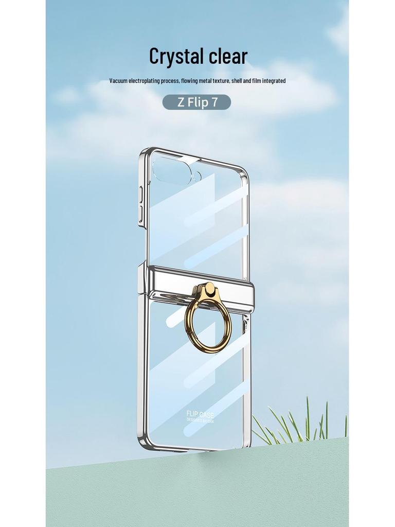 Samsung Z Flip7 Transparent Phone Case with Integrated Ring Buckle and Full-Cover Hinged Hard Shell