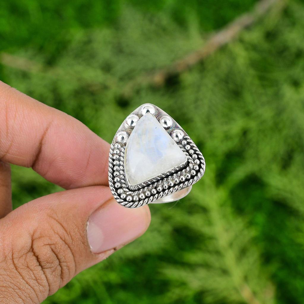 Rainbow Moonstone Stone Bezel Solitaire Handmade Mother Ring Jewelry 925 Silver
