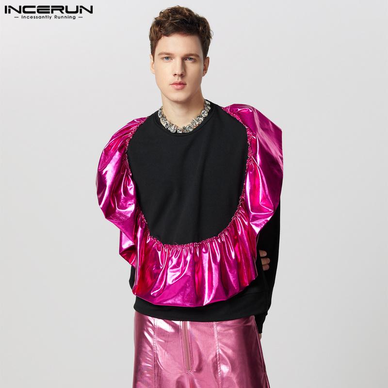 INCERUN Men Round Neck Long Sleeve Shiny Finish Ruffled Patchwork Loose T-shirts