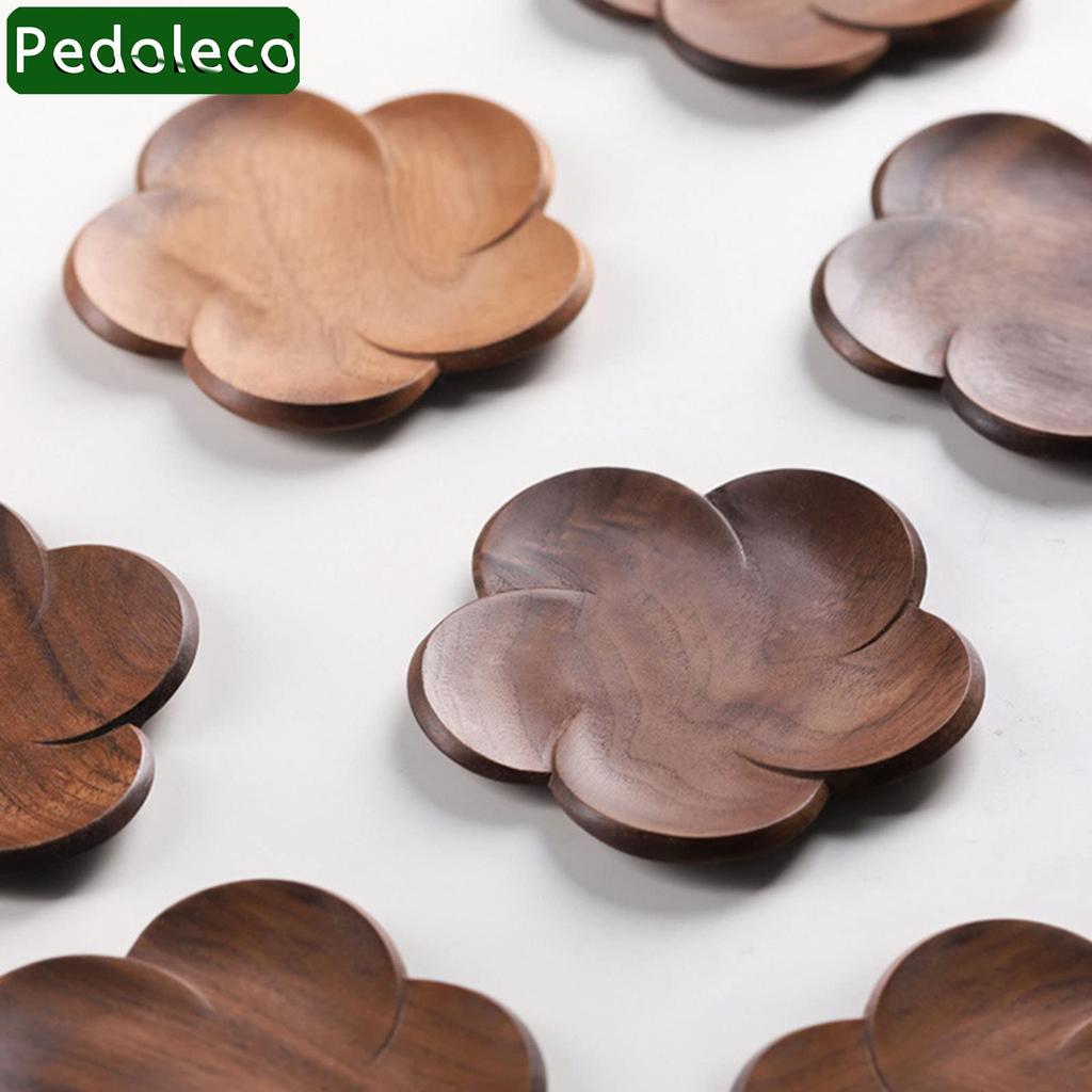 Pedoleco Untersetzer aus Holz, 3-teiliges Set, Pflaumenblütenform, 9,59,51cm, Schwarznuss, Handgefertigt, Stilvolle Teeuntersetzer, Dessertteller, Dick, Wasserdicht,