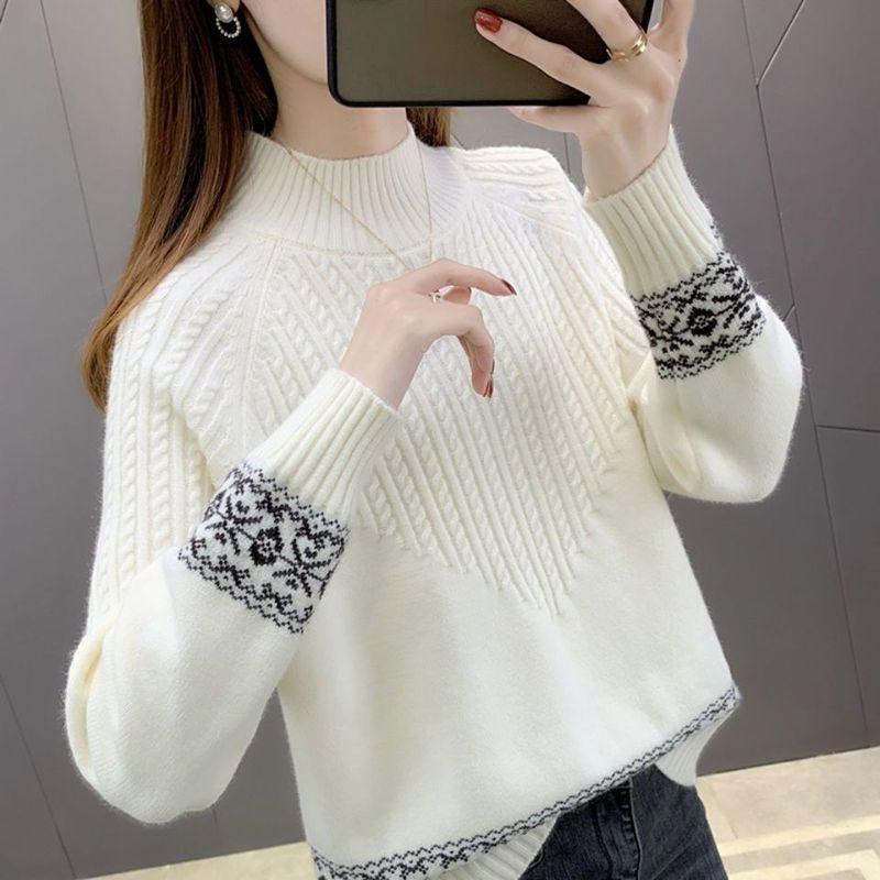 Autumn Winter Women's Half Turtleneck Sweater Loose Thick Pullover Knitted Top Jacquard Elastic Knitted Top Jumper.