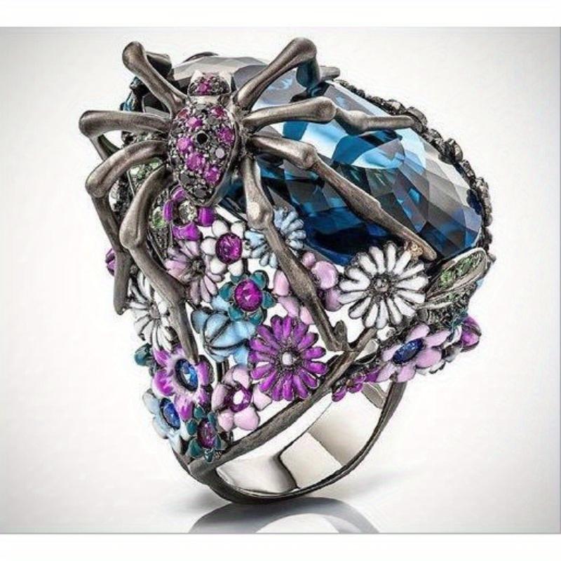 Exaggerated spider flower ring, blue stone flower shape, suitable for independence day, party, personalized eye-catching