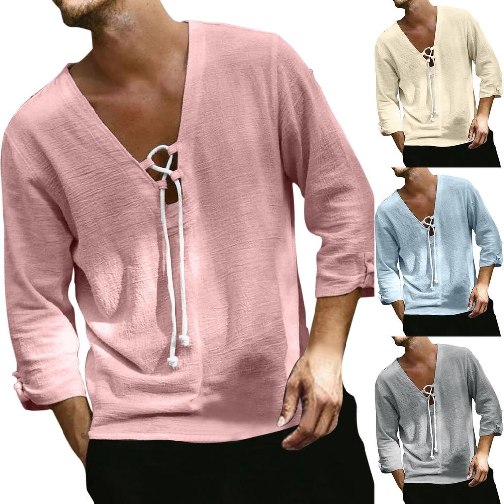 Men's Casual Relaxed Trendy Beach Cotton And Linen Top - Men's 7-inch Sleeve Long Tie-
