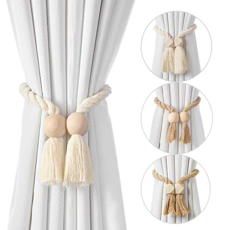 2Pcs Magnetic Wooden Tassel Window Curtain Curtain Holdbacks Bathroom Shower Curtain Accessories Home Decor Curtain Buckles