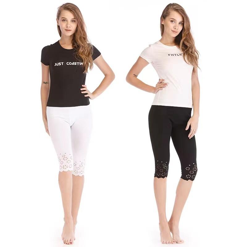 Women's Summer Hollow-Out Embossed 7/10 Length Leggings, Hot Selling Anti-Sheer Safety Base Pants