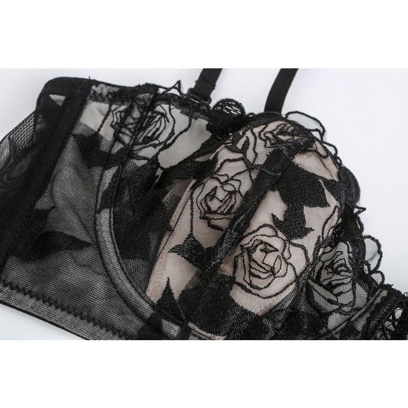 Women's Sexy Lingerie Rabbit Ears Cup Flower Embroidery Lace Underwear Soft Steel Ring Large Breasts Show Small Bra Set