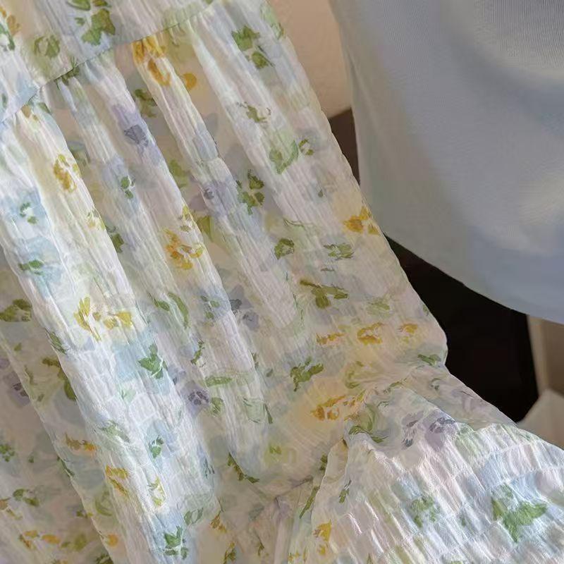 Korean Style Elastic Waist Vintage Floral A-Line Midi Skirt for Women - High-Waist Half Skirt