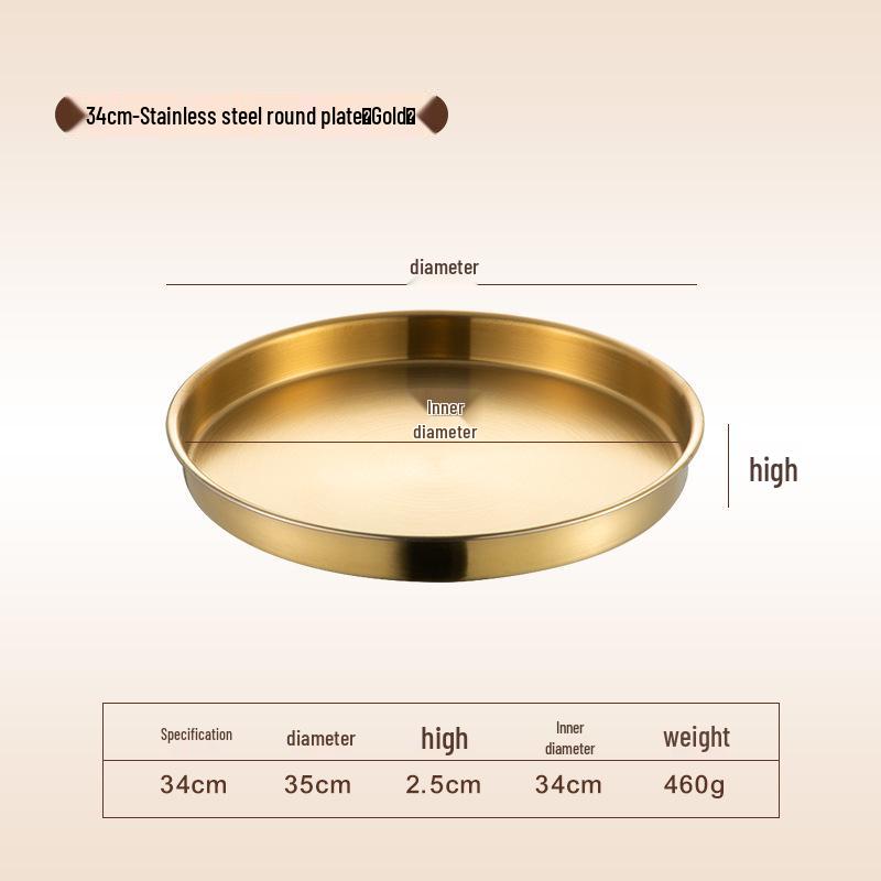 Korean Style Stainless Steel Round Golden Tray for Cold Noodles, Rice, or Steaming – Thickened Flat Bottom Plate