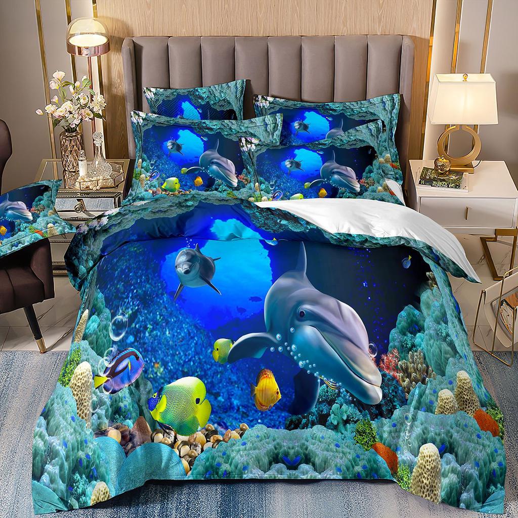 3D-gedruckte Heimtextilien Bettwäsche Delfin Meeresschildkröte Meerestier Quilt-Set Dreiteiliges Set