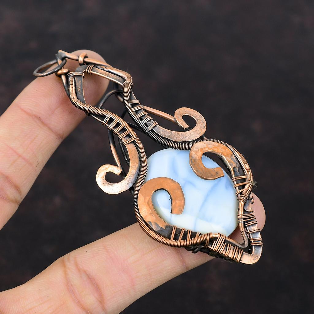 Owyhee Blue Opal Pendant Copper Wire Wrapped Gemstone Pendant Handmade Pendant Copper Jewelry Stylish Pendant Gift For Mom Wire Wrap Jewelry