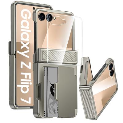 Do Samsung Galaxy Z Flip 7 z Uchwytem na Karty [Blokada RFID] i Ochroną Zawiasu oraz Ochroną Ekranu HD, Wytrzymałe Etui Anty-Zarysowaniowe - Szampan
