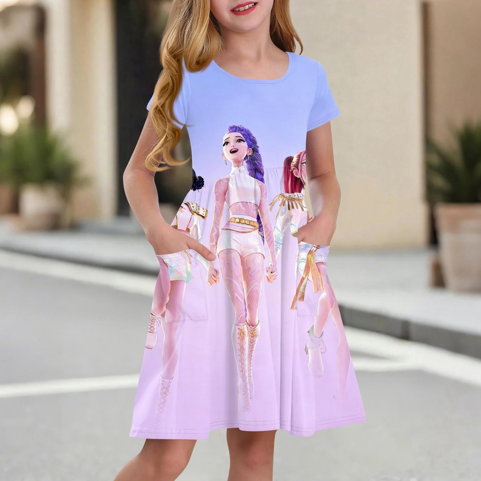 Children s Skirt Round Neck Short Sleeve Princess Dress Fashion Casual Pocket Dress For Girls 130