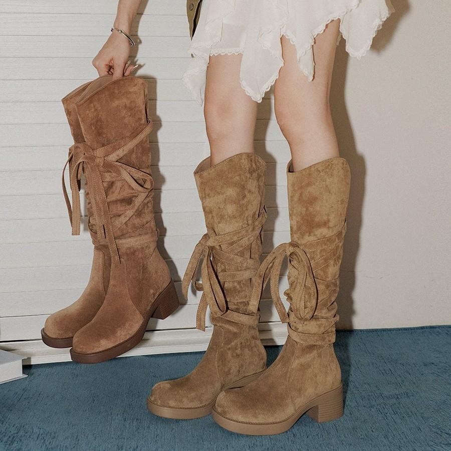 Main Push Edition~ Retro Wasteland Heel Wrap Strap Pile Boots Western Cowboy Boots But Knee Maillard Boots