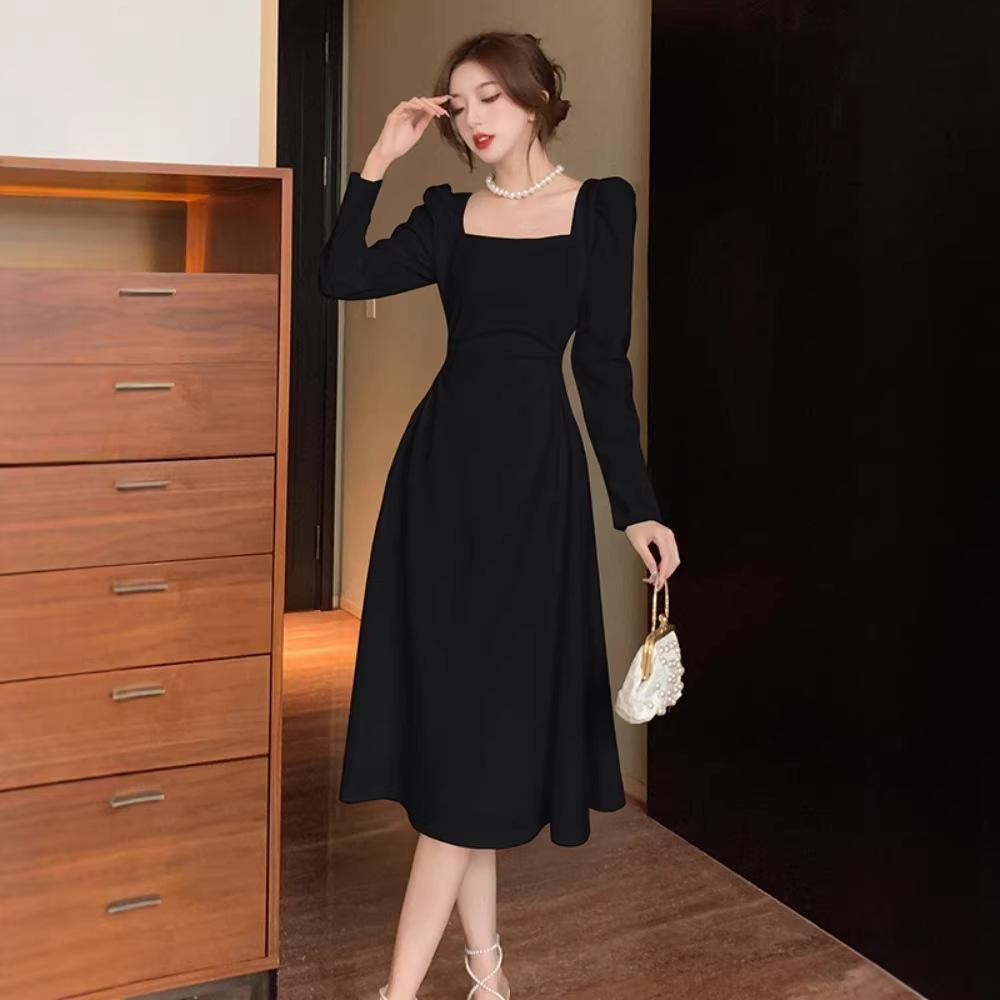 Spring and Autumn French Square Neck White Long Sleeve Dress Women's Clothing Waist Skinny Stunning Temperament A-word Long Dress Women