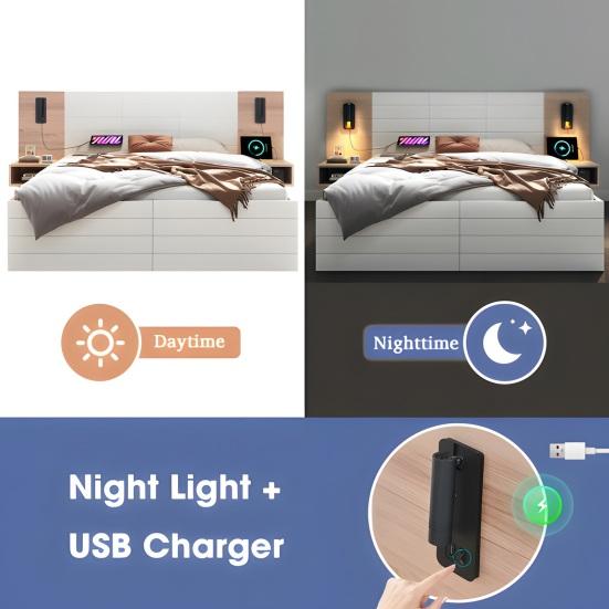 160x200cm Double Bed with 2 Drawers Bedside Cabinets Reading Light Headboard USB Charging Function Strong Wood Slat Support Bed Bedroom