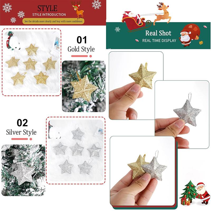 5-7CM Mixing 3D Glitter Star Ornaments Christmas Tree Hanging Pendant 2025 Xmas Decoration Home New Year Party Gift Navidad