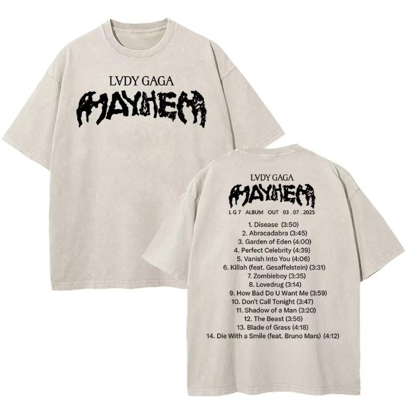 Vintage Washed Lady Gaga The Mayhem Ball Tour 2026 T Shirt Fashion Men/Women Aesthetic High Quality Acid Wash 100% Cotton Tees