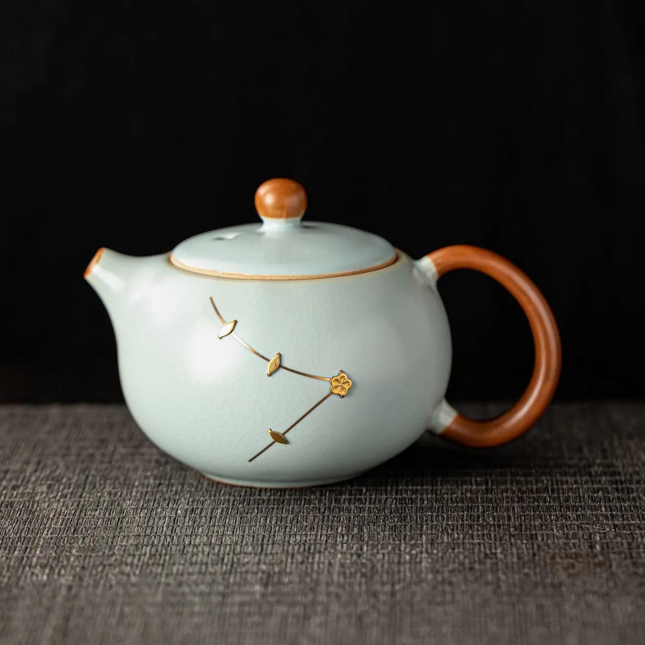 Ru Kiln Celadon Xishi Teapot Set with Handle, Chinese Kung Fu Tea Set, Sky Blue Ceramic Tea Pot A
