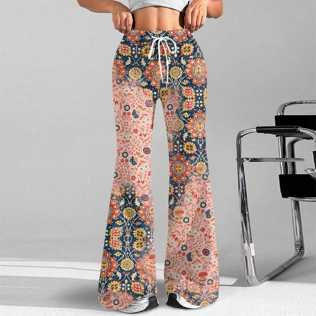 Women's Fashion Loose Drawstring Waist Retro Printed Casual Sports Pants Casual Flared Pants