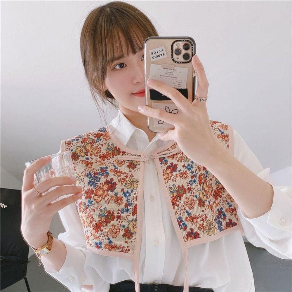 Motif Aléatoire Gilet Brodé pour Femmes Gilet Vintage à Lacets Mode Faux Col Capelet Féminin