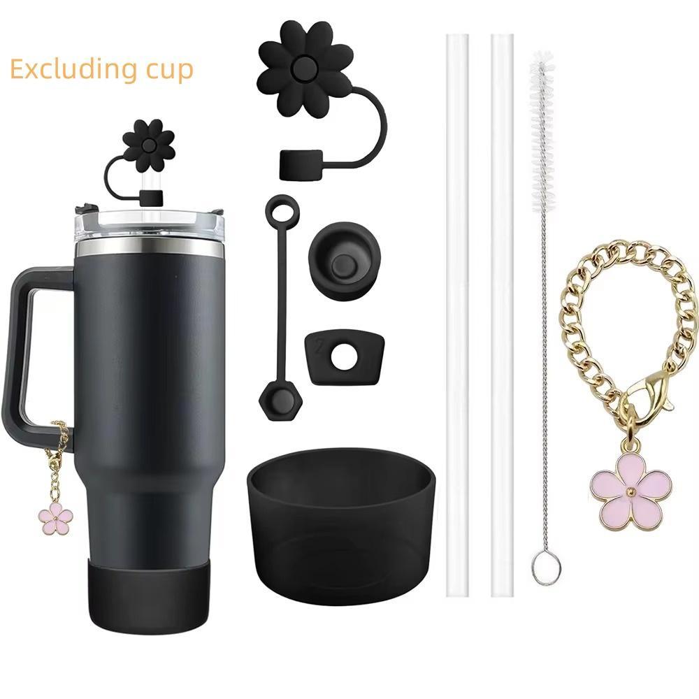 9pcs Accessories Set 2 Straw and Brush 3 Spill Proof Stopper Flowers Straw Cover Boot and 1 Flower Charm Chain for Stanley Cup