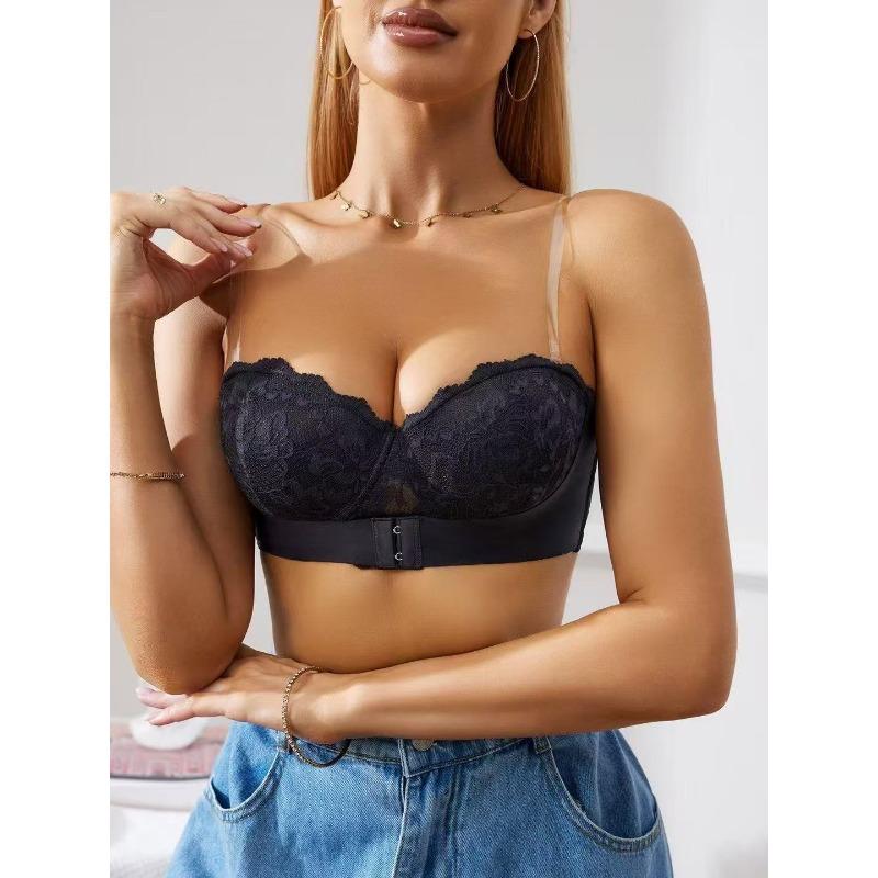 Women's White Lace Strapless Bra with Women's White Lace Strapless Bra with Transparent Straps Push Up Convertible SexyPush Up Convertible Bralette