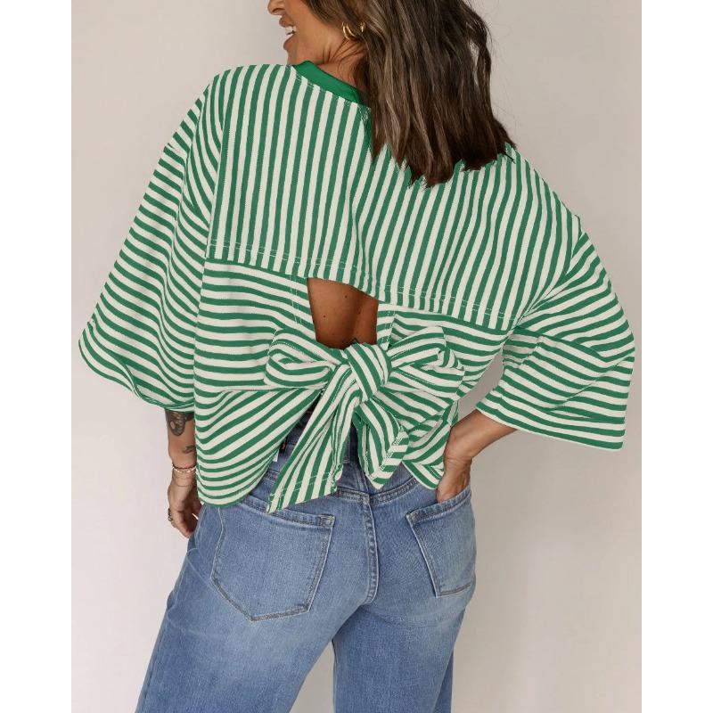 2026 New Women's Round Neck Striped Back Tie Bow Pullover Knitted Top