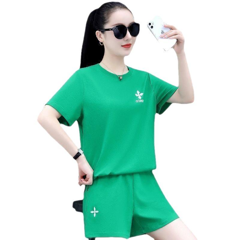 Casual Sportswear Short-sleeved Shorts Suit Summer Women's High-waisted, Stylish, Age-reducing, Slimming, Loose Solid Color Two-piece Set