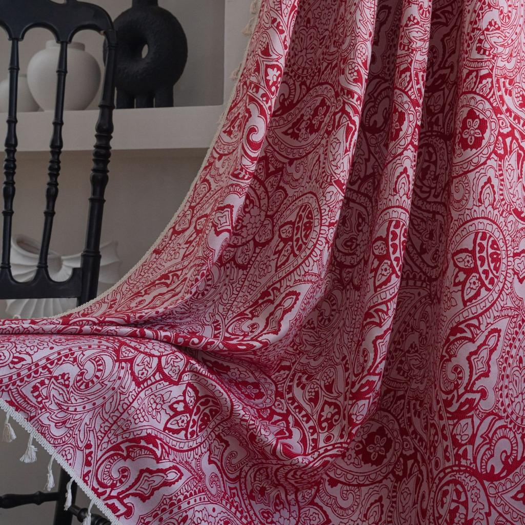 French curtains retro style jacquard solid color beige small fresh curtains finished tassel semi-shading