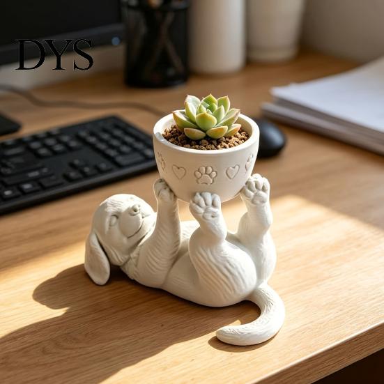 Puppy Succulents Planter 3D Printed Lying Flower Pot, Cute Dog with Decorative Props for Photography Removable Bowl, Mini Plant Container Desktop