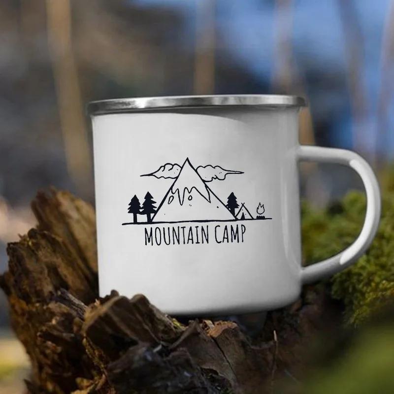 Stampa 'Le Montagne Aspettano' Tazza Smaltata Creativa Campeggio Caffè Tè Acqua Latte Tazze Manico Bicchiere Vacanza Escursionismo Regalo