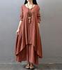 2023 Spring Long Sleeve Cotton Linen Swing Dress - Fake Two-Piece Design