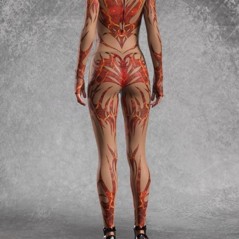 Damen Hautkörper Bemalte Sexy Strumpfhosen Erwachsene 3D Digitales Feuerdruck Halloween Party Tanz Verkleidung Outfit Jumpsuit