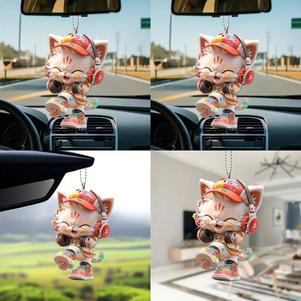 Acrylic With Pendant Cute Cat Listening To Music Design For Auto Interior Decor