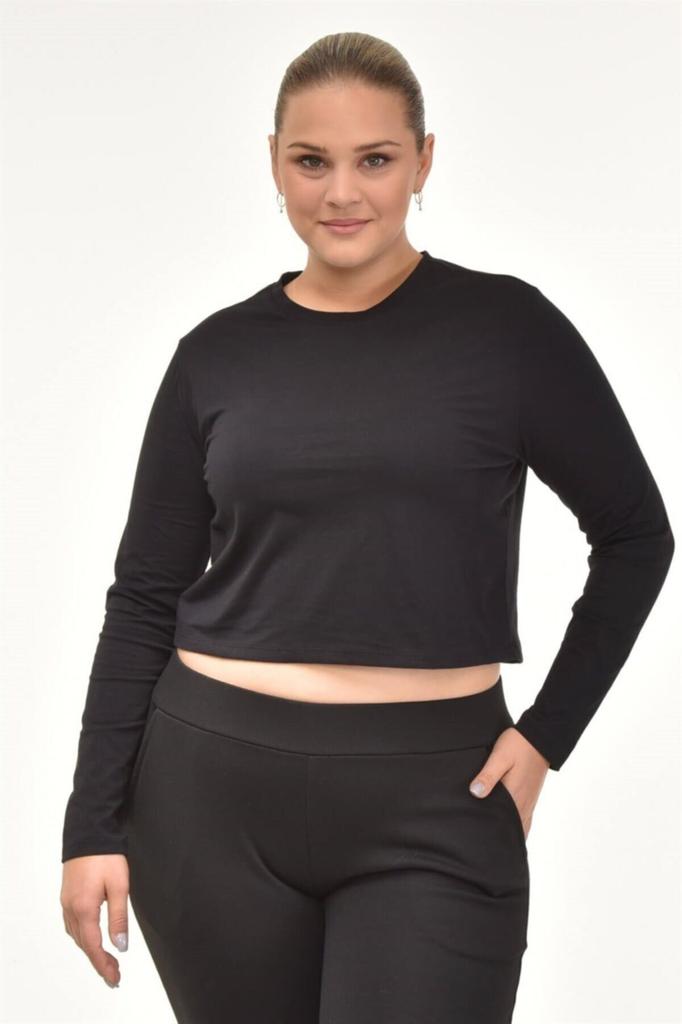 Damen Stil Übergröße T-Shirt Langarm Basic Crop T-Shirt-Schwarz