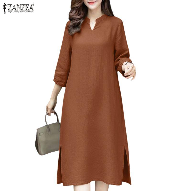 ZANZEA Women Casual V-Neck Solid Color 3/4 Sleeve Dress