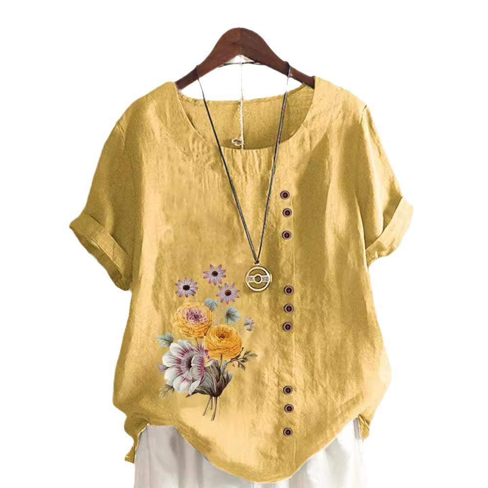 Europe and The United States Printing Cotton Linen Short-sleeved Ladies T-shirt