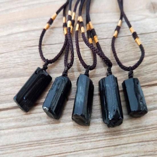 Fashion Black Tourmaline Stone Pendant with Rope Faux Gem Specimen Birthday Gift