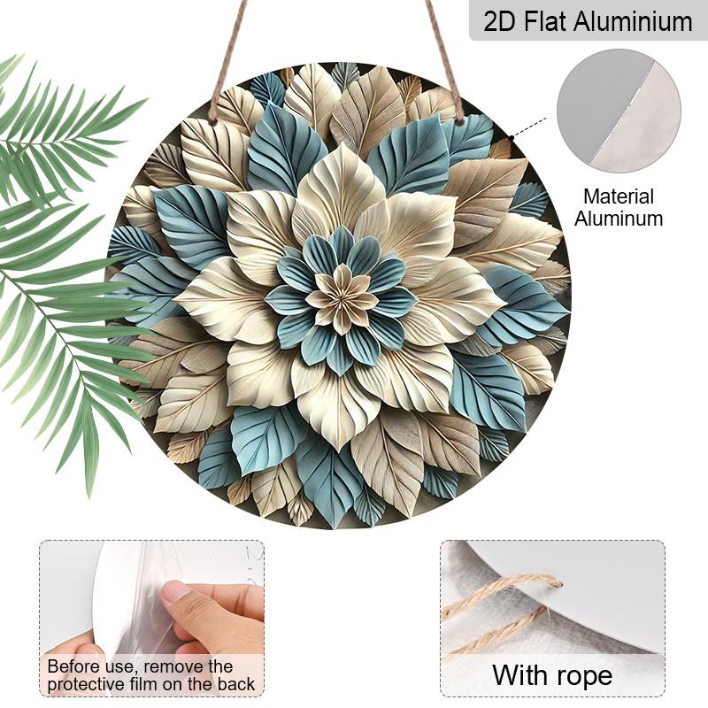 2D Flat, 1pc Round Art Metal Aluminum Wall Decor - Blue and White Leaf Floral Vintage Decorative Plaque, Suitable for Indoor/Outdoor, Durable for