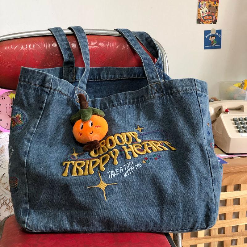 Embroidered Casual Tote for Women Canvas Sacks Large Capacity Shopping Bags