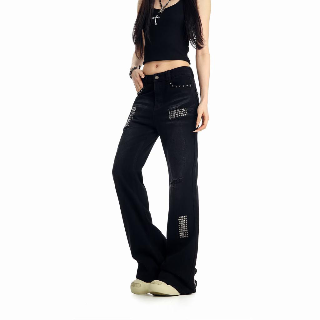 Low waist black slim fit straight rivet jeans American retro autumn pants micro-flared trousers mopping pants cotton