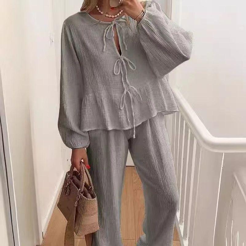 

European and American New Fashion Lantern Sleeve Lace-up Top Trousers Set Lace up Top and Pants Set Gray S