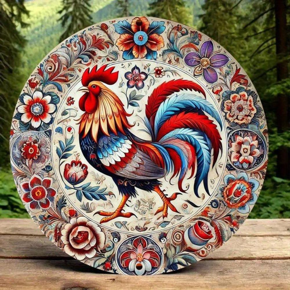 Plaque Métallique Mfoever Coq Floral Vintage Plaque Métallique Étain Rétro Art Populaire Coloré Motif Floral Décor Mural Rond Poulet de Ferme Vibrant Plaque Étain
