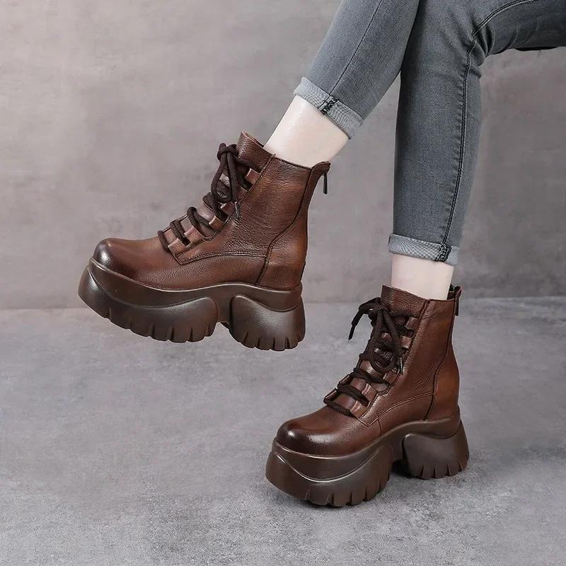 Fashion 10CM Genuine Leather Ankle Booties Women Motorcycle Boots Platform Wedge Slip On Spring Autumn Comfy Retro Lady High Heels Shoes