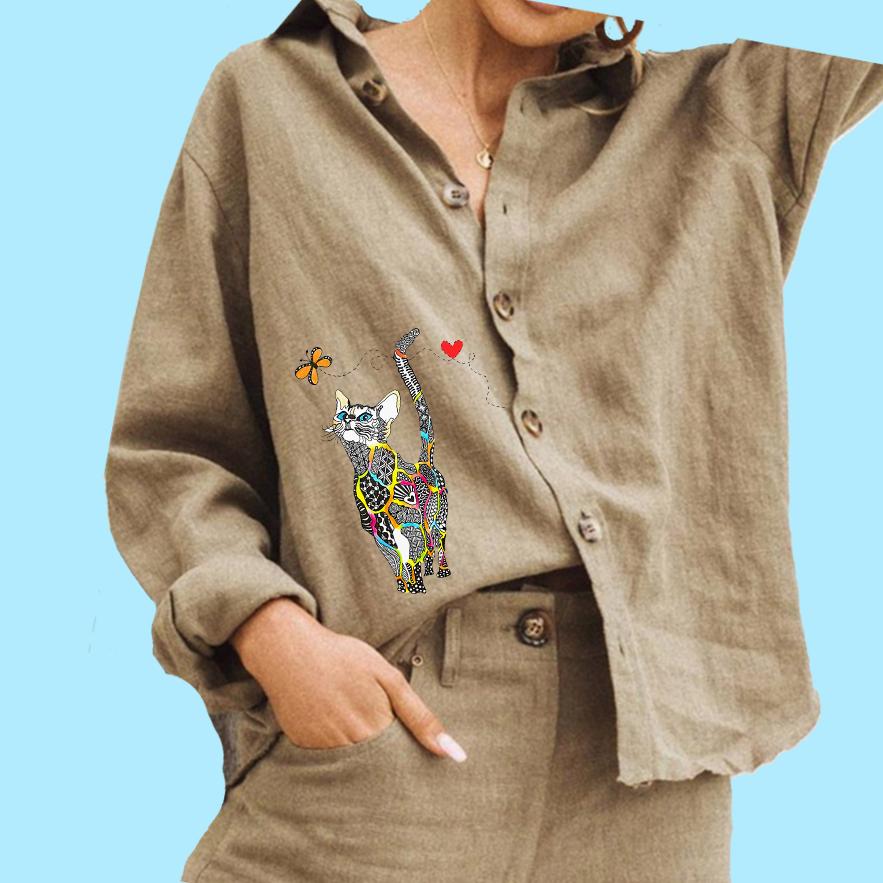 

Женская мода блузка с воротником-лацканами, женская повседневная рубашка на пуговицах из хлопка и льна с принтом 3XL хаки