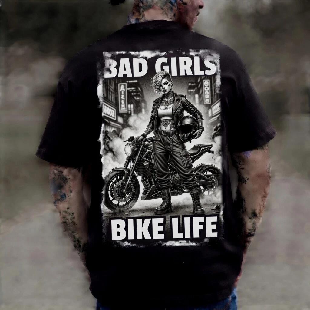 Bad Girls Bike Life Black Graphic T-Shirt Street Tattoo Edgy Tee XXL