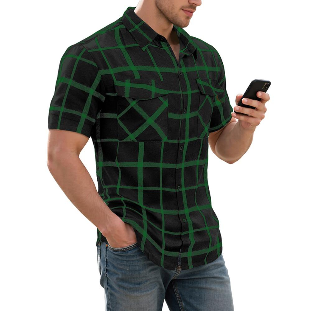 

Винтажные мужские рубашки в клетку и полоску с принтом, с коротким рукавом, отложным воротником, на пуговицах, для мужчин, повседневные, для отдыха, приталенные, рубашка-топ XXL зелёный