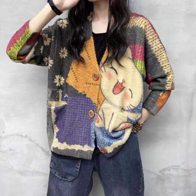 Vintage Autumn Winter Faux Mink Print Cardigan - Women's Loose Slimming Long Sleeve Knit Top
