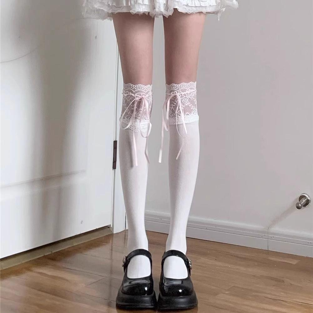 White Lace Trim Japanese Lolita Over-the-Knee Socks for Women